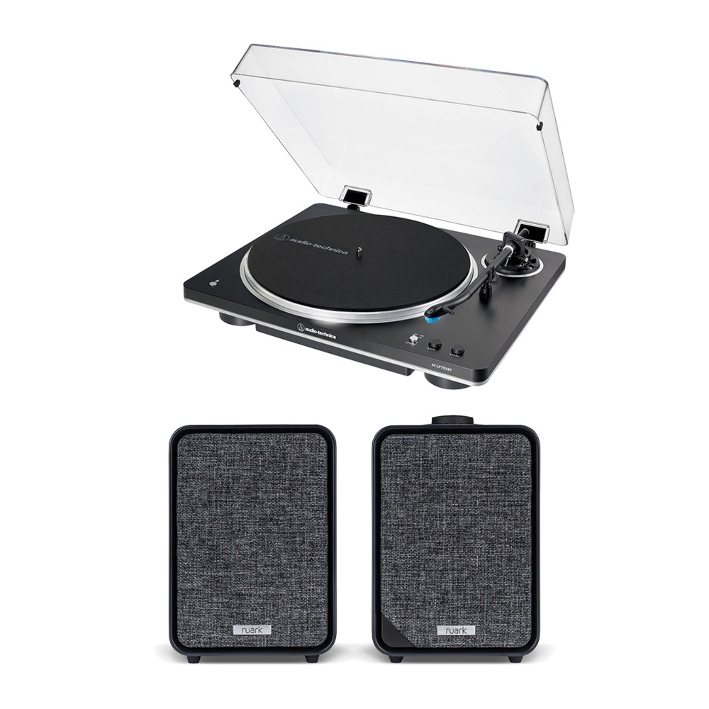 Audio Technica AT-LP70XBT Fully Automatic Bluetooth Wireless Turntable and Ruark MR1 MK3 Active Bluetooth Speakers with Built-in MM Phono Preamp Black
