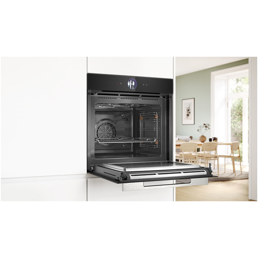 Bosch HMG7764B1B Series 8 Pyrolytic Electric Built in Single Oven with Microwave and Air Fry Function in Black