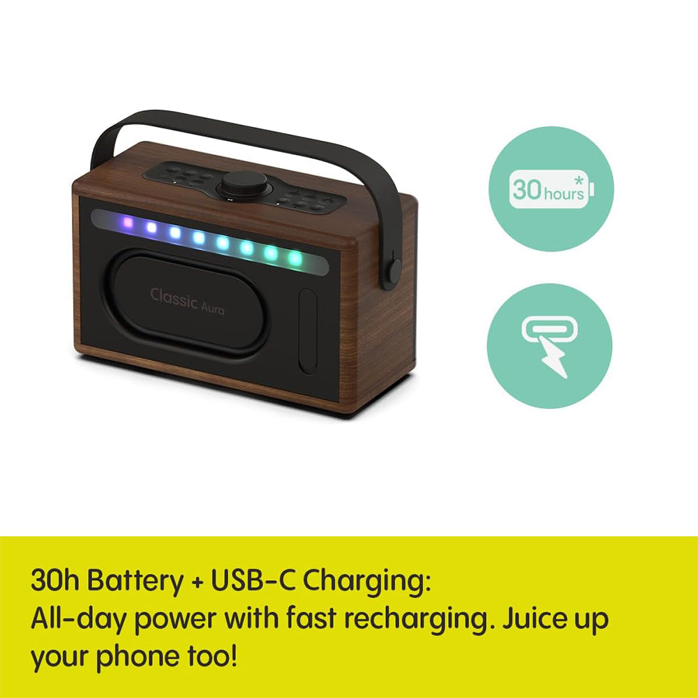 Pure Classic Aura Portable Bluetooth Speaker with Ambient Lighting - Coffee Brown Walnut