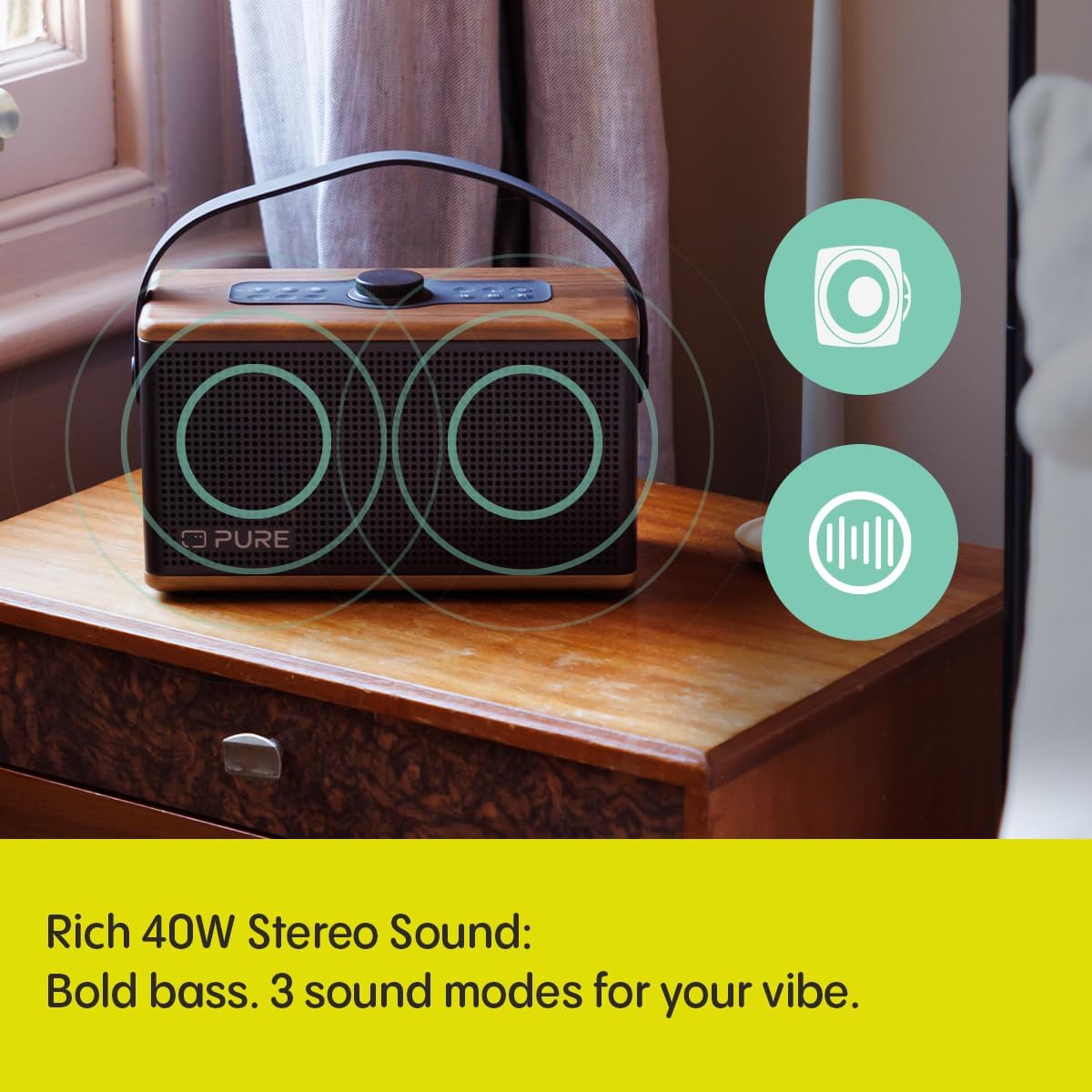Pure Classic Aura Portable Bluetooth Speaker with Ambient Lighting - Coffee Brown Walnut