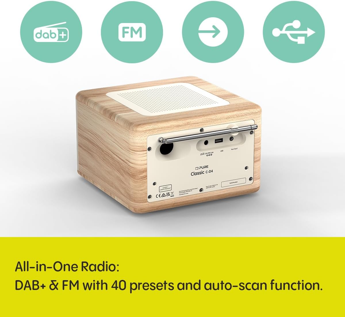 Pure Classic C-D4 DAB DAB+ FM Radio with CD Player and Bluetooth - Cotton White Oak