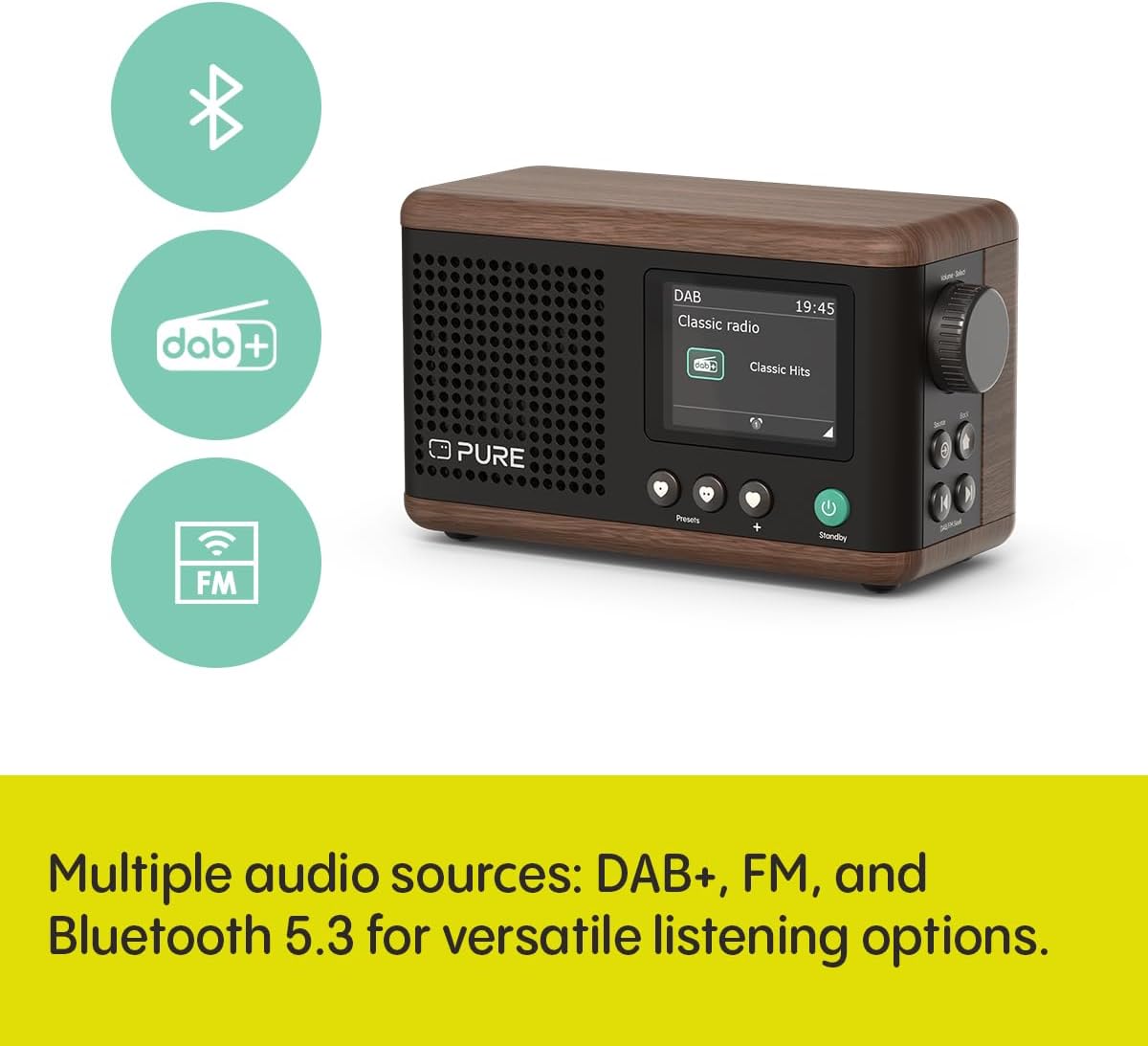 Pure Classic Mini Dab+ FM The Charming Portable Bluetooth Digital Radio - Coffee Black Walnut