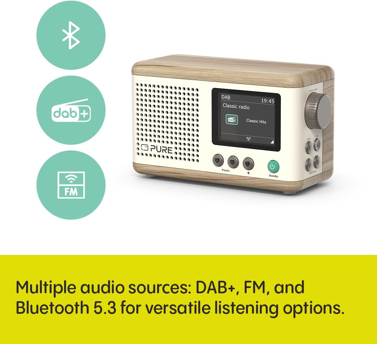 Pure Classic Mini Dab+ FM The Charming Portable Bluetooth Digital Radio - Cotton White Oak
