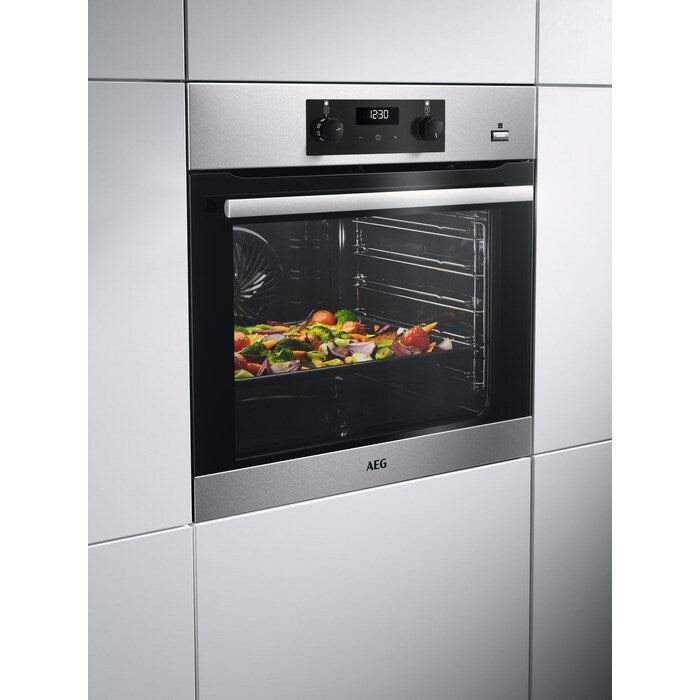 AEG 6000 Series BES355010M Steam Bake Electric Single Built in Oven with Retractable Dials in Stainless Steel