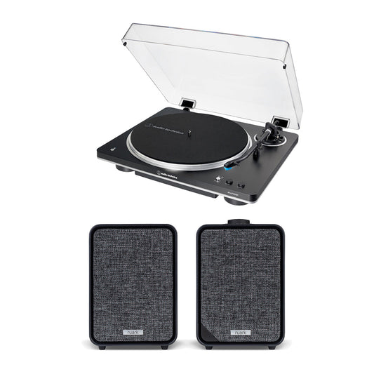 Audio Technica AT-LP70XBT Fully Automatic Bluetooth Wireless Turntable and Ruark MR1 MK3 Active Bluetooth Speakers with Built-in MM Phono Preamp Black