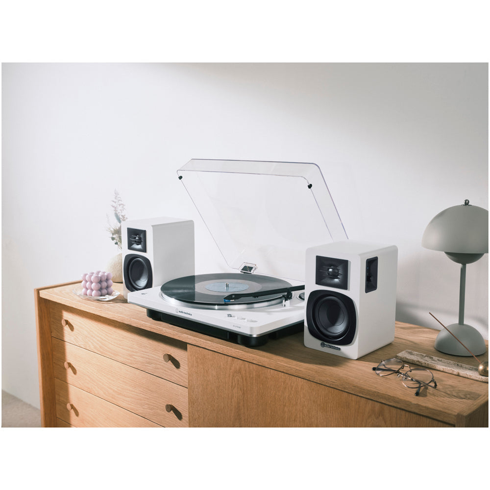 Audio Technica AT-LP70XBT Fully Automatic Bluetooth Wireless Turntable with AT-SP3X Powered Bookshelf Speakers HiFi Package White