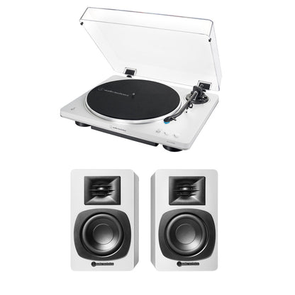Audio Technica AT-LP70XBT Fully Automatic Bluetooth Wireless Turntable with AT-SP3X Powered Bookshelf Speakers HiFi Package White