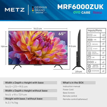 Metz 65MRF6000ZUK 65 Inch MRF6000Z 4K Ultra HD HDR DLED Smart TV with Freely 2025