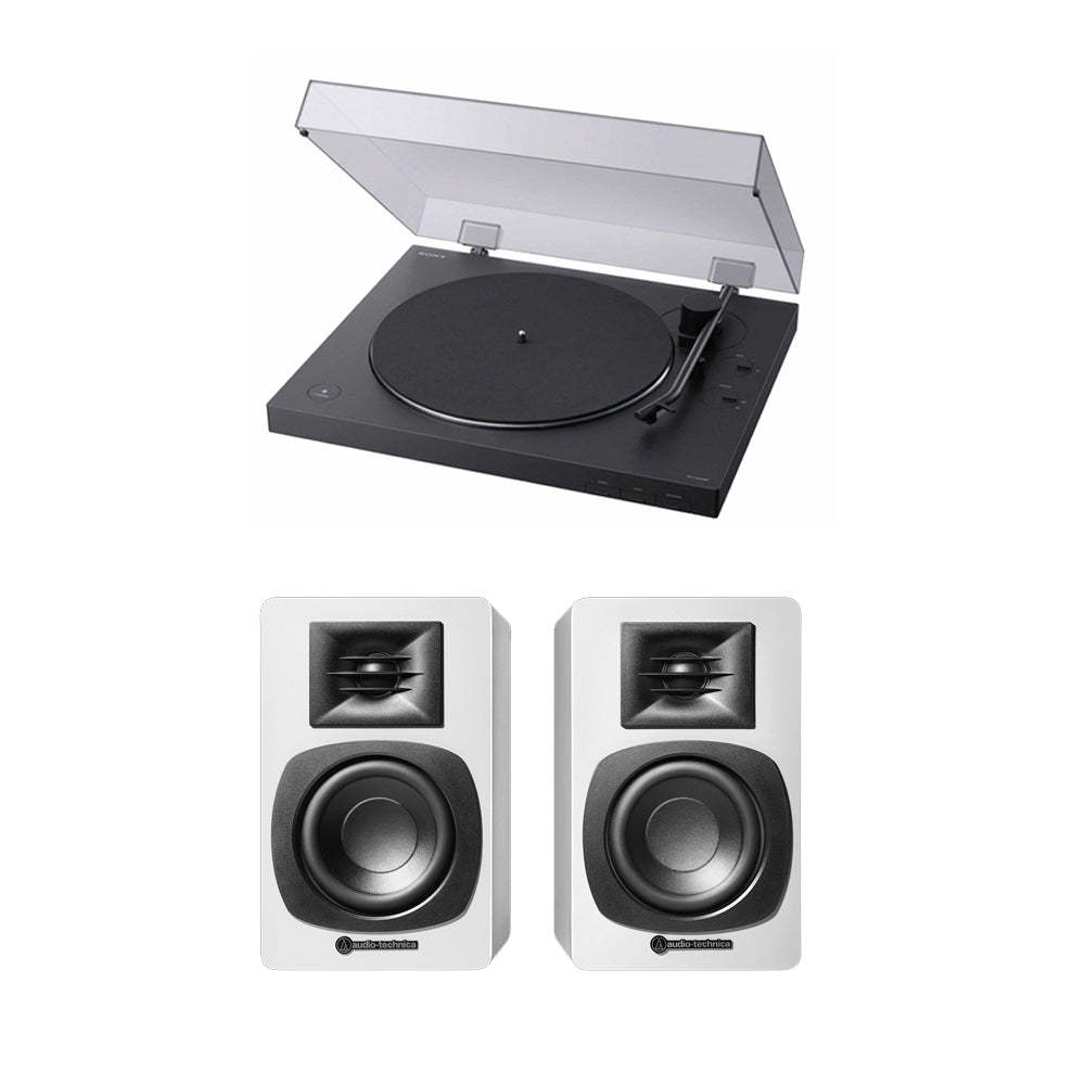 Sony PS-LX310BT Bluetooth Turntable with Audio Technica AT-SP3X White Powered Bookshelf Speakers HiFi Package